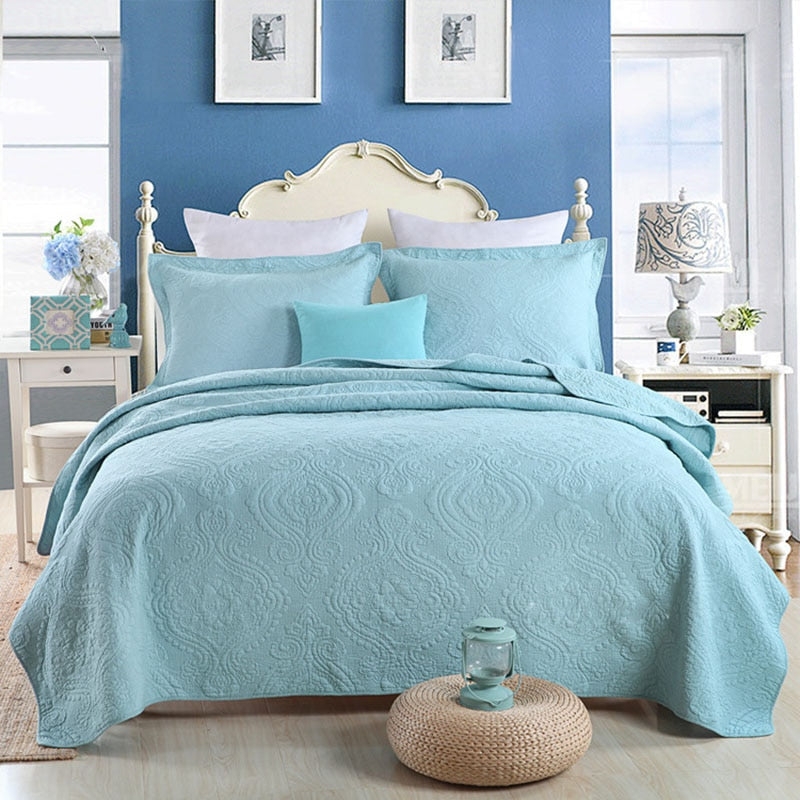 Plain 100% Cotton Quilt Set 3PC Bedspread on Bed Embroidered Bed Cover King Queen Summer Coverlet Blanket for Bed