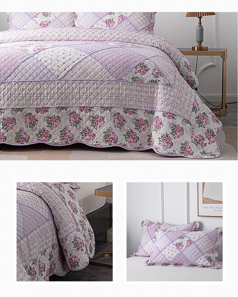 Single Double Bed 100%Cotton Purple 3pcs Printed Quilted Quilt Pillowcase Free Shipping len?ol de cama casal ?????