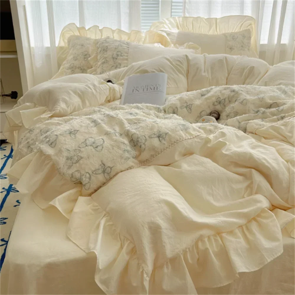 Cream Feng Shui Wash Cotton Lace Bed Set Four Piece Princess Style Retro Quilt Cover Bed Sheet Non All Cotton Bedding