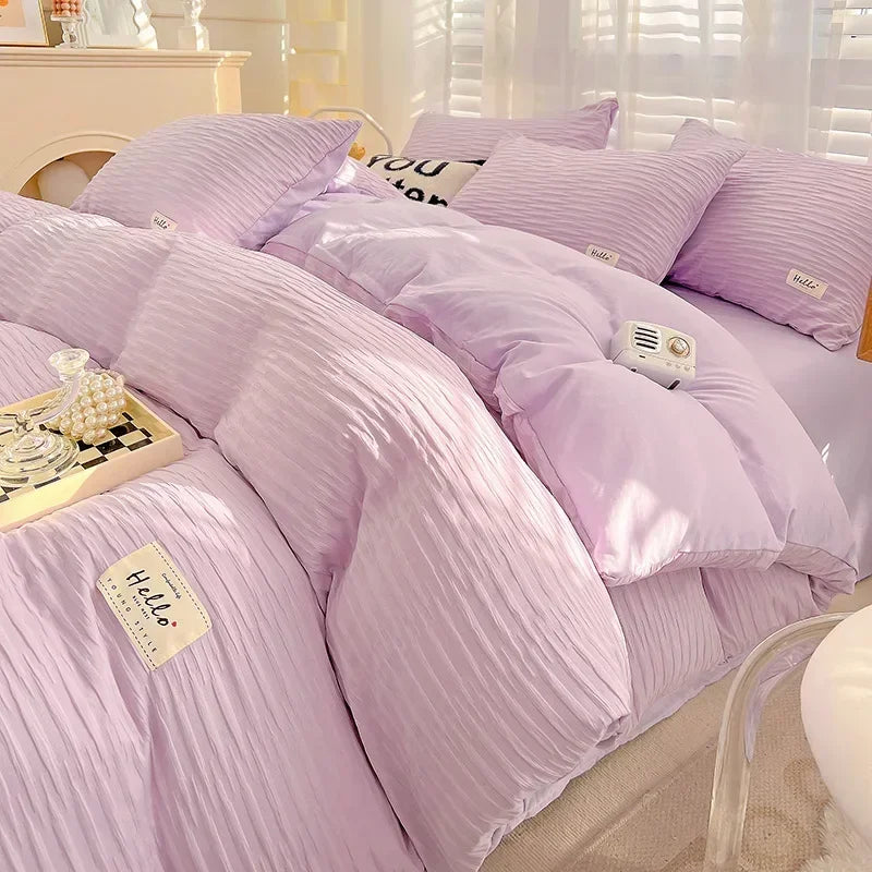 washed cotton four piece set of solid color double panel quilt cover, fitted sheet, student dormitory four piece set