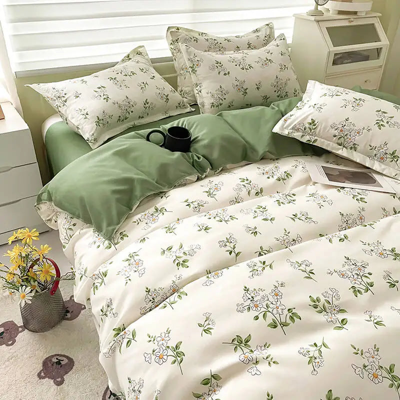 Floral Printed Duvet Cover Set with Sheet Pillowcases No Filling Warm Cute Cartoon Bed Linen Full Queen Size Home Bedding Set
