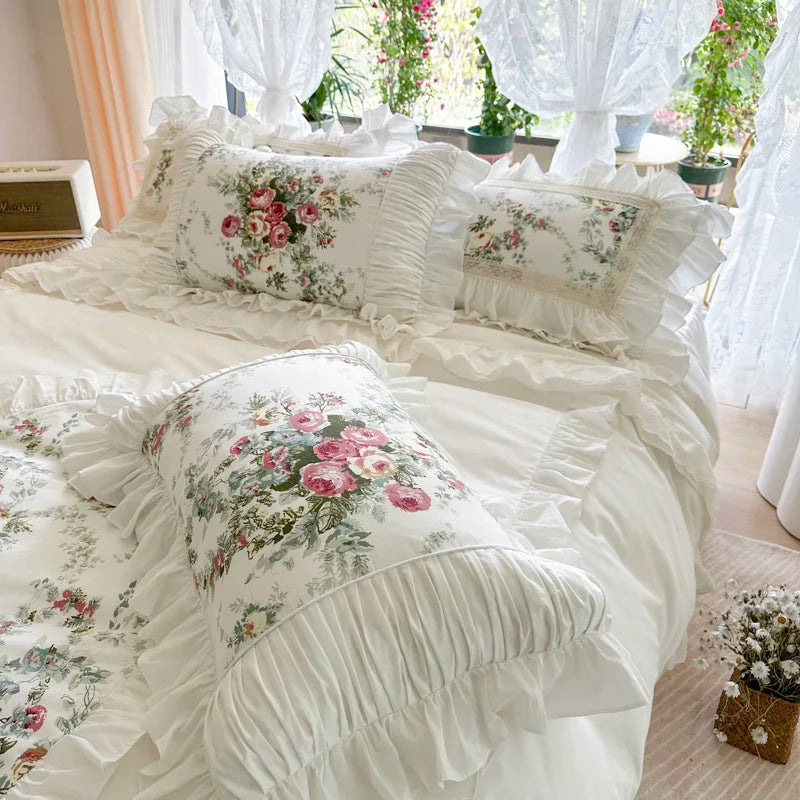 100% Cotton Korean Princess Style Flowers Lace Ruffles Bedding Set Duvet Cover Set Bed Sheet/Fitted Sheet/Bed Skirt Pillowcases