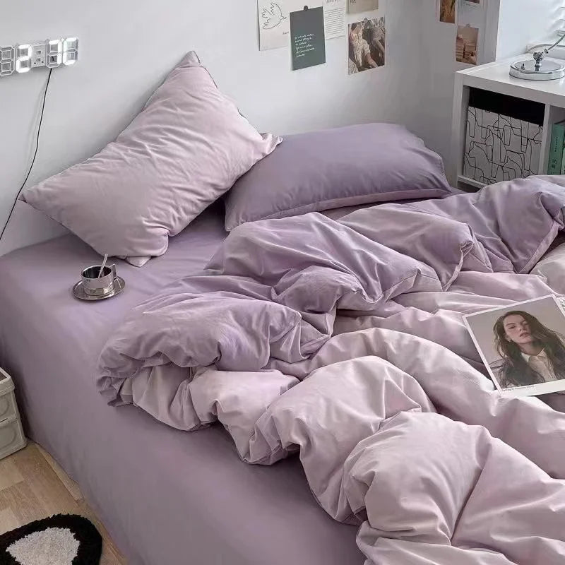 Nordic Princess Pink Bedding Set Girls Adults Twin Full Queen Size Bed Flat Sheet Duvet Cover Pillowcases Solid Color Bed Linen