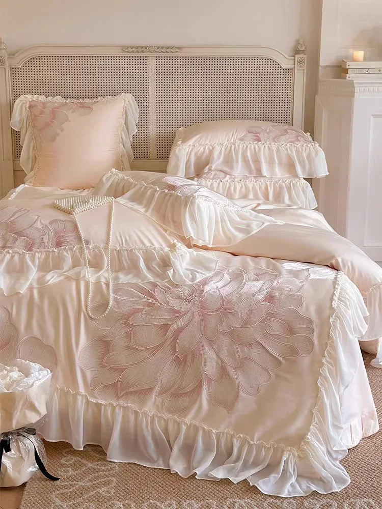 Princess Long Stable Cotton Duvet Cover Set Four Piece Set French Flower Embroidery Quilt Cover Lace Bedding Set Bedsheets