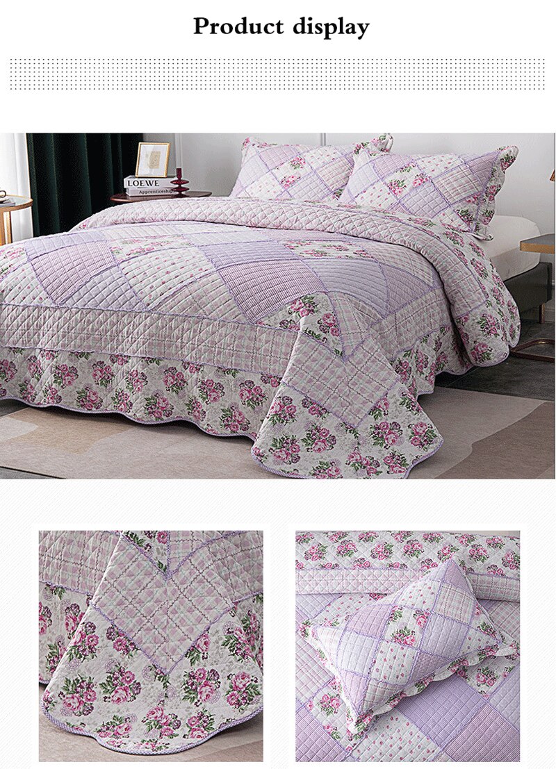 Single Double Bed 100%Cotton Purple 3pcs Printed Quilted Quilt Pillowcase Free Shipping len?ol de cama casal ?????