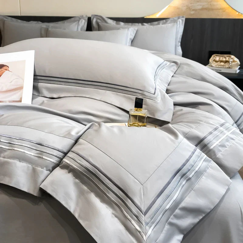 100% Cotton Luxury Hotel Style Bedding Set Queen King Size Solid Color Embroidery Duvet Cover Flat/Fitted Bed Sheet Pillowcases