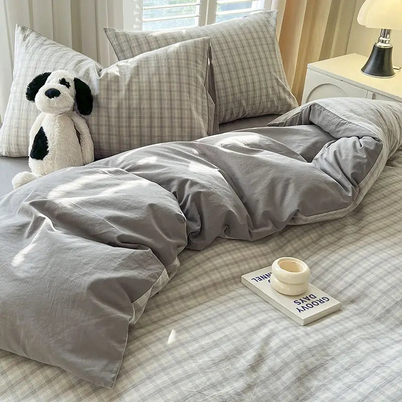 Classic Plaid Bedding Set Grey Pink Ins Twin Queen Duvet Cover Flat Sheet Pillowcase No Filler Girl Boys Hotel Home Bed Linens