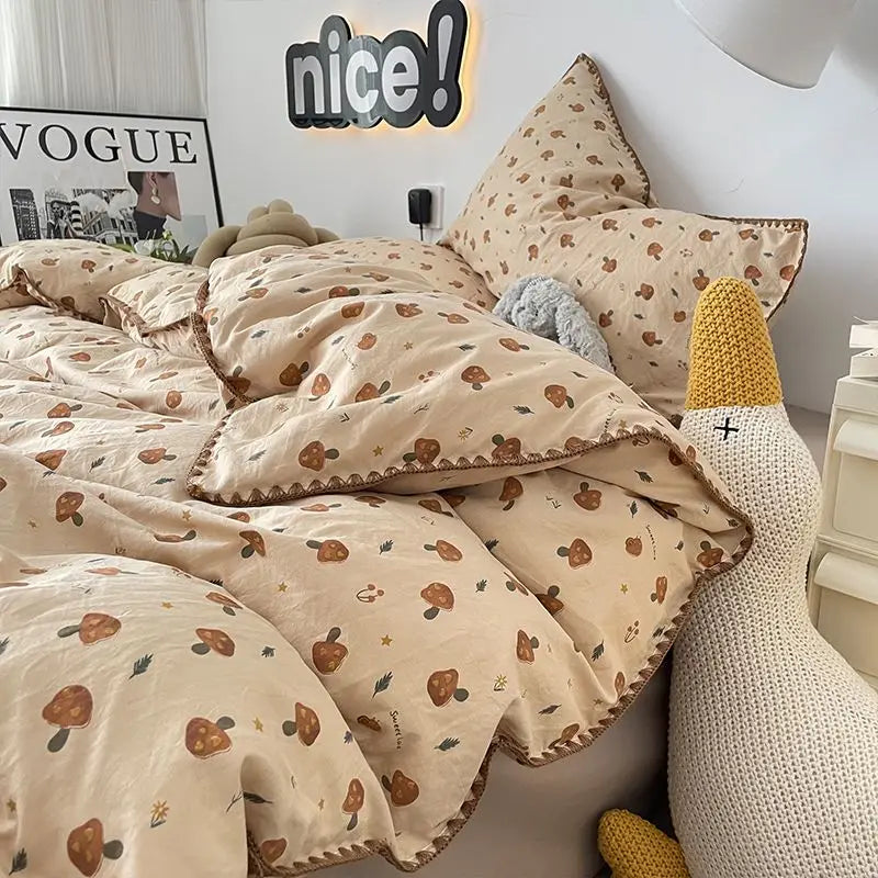 Bedding Set Double Layered Yarn INS Girls Mushroom Soft Washed Cotton Bed Sheet Queen King Size Duvet Set Pillowcase Bed Sheet