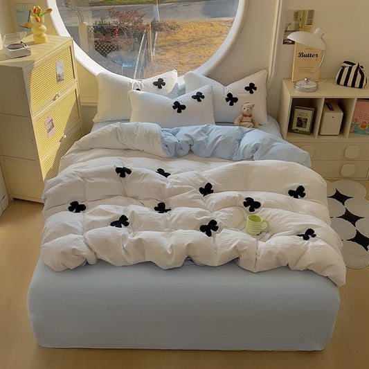 3pcs Duvet cover set (1*Duvet Cover + 2*Pillowcase, Without Core), Butterfly knot yarn embroidery Bedding Set, Soft Comfortable