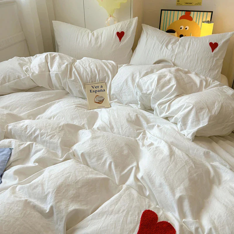 Cool Black Duvet Cover Set Ins Nordic Embroidery Heart Bed Sheet Set Of Four Pieces Home Luxury Bedding Set For Girls