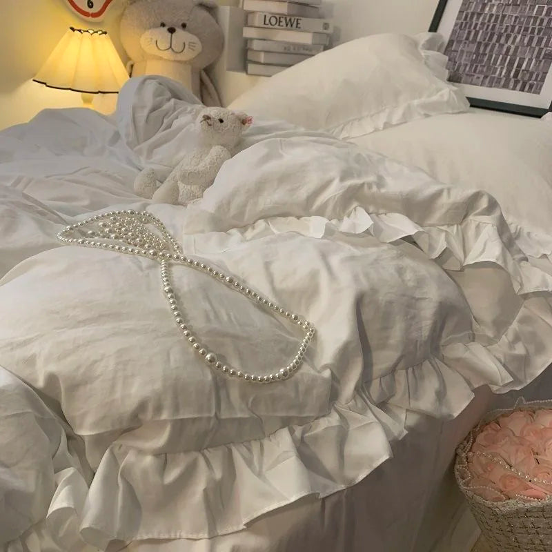 Blue Four-piece Set Celebrity Princess Style Ruffled Quilt Cover Bed Skirt Style Solid Color Three-piece Bedding Set