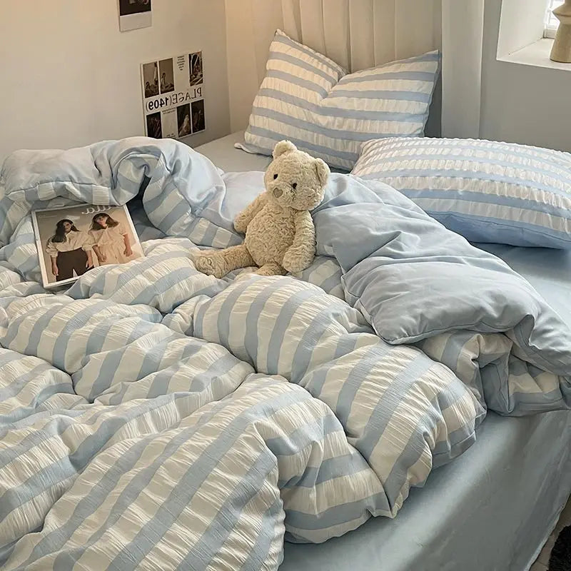 INS Blue White Stripe Seersucker Duvet Cover Bed Sheet Pillowcases NO Filler Princess Bedding Set Girls Home Textiles Full Size