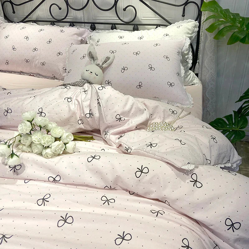 2025 Princess Bedding Set Lace Bow Simple Fresh Duvet Cover Flat Fitted Sheet Pillowcases Home Textile For Women Girl Queen Size