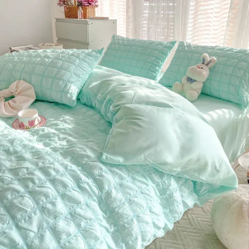 Check Bubble Fabric Bed Set Pucker Duvet Cover Pillowcase Bedding Set Bed Sheet Quilt Cover Single Queen King Size 4 Pieces Sets