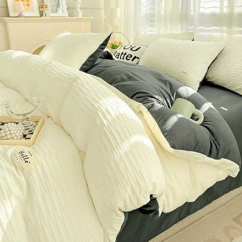 washed cotton four piece set of solid color double panel quilt cover, fitted sheet, student dormitory four piece set