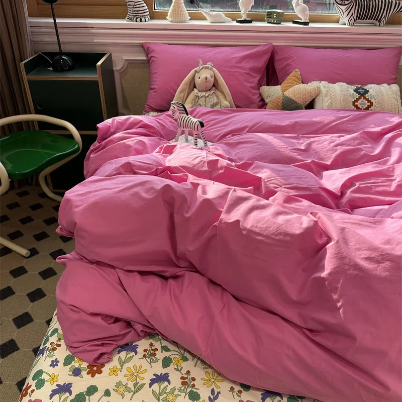 Fashion Style Pink Black Bedding Set Soft Flower Duvet Cover Pillowcase Bed Flat Sheet Set For Girl Double Queen King Bedclothes