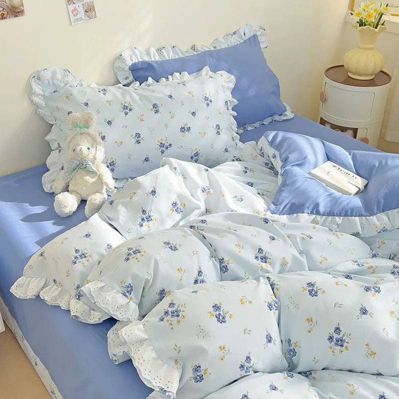 Ins Style Floral Duvet Cover Set Flat Sheet Pillowcases No Filling Queen 200x230cm Romantic Girls Blue Bedding Flower Bed Linens