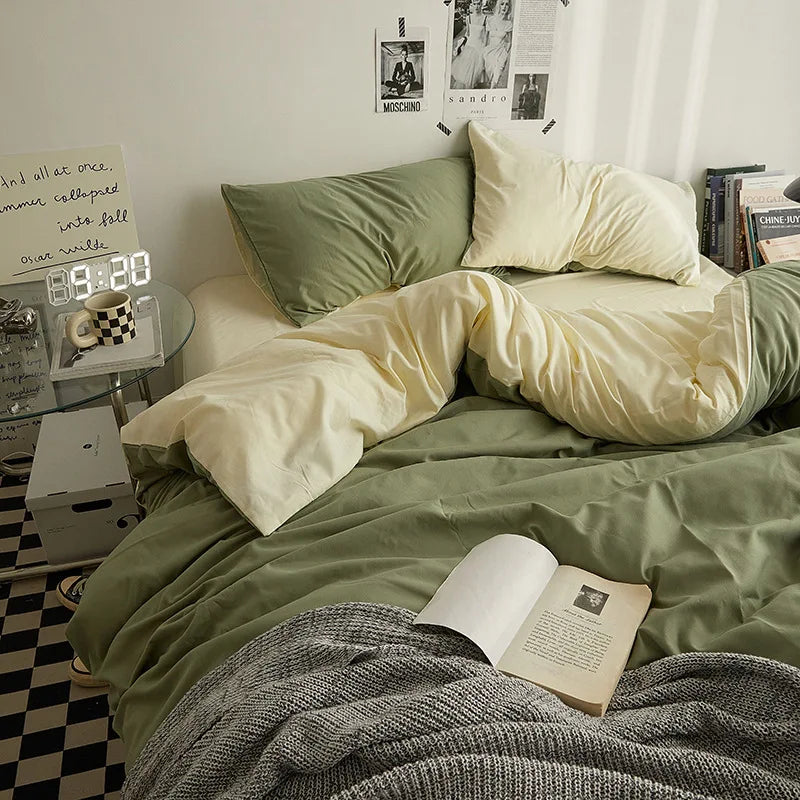 Bed Sheet Set Ins Style Double Color Washed Cotton   Bed Sheet Quilt Cover Sheet 3-piece Set Comforter Set Queen King Size