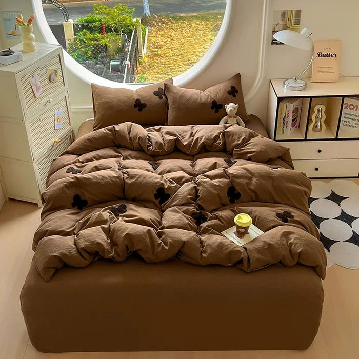 4pcs Duvet cover set (1*Duvet Cover + 2*Pillowcase, sheet), Butterfly knot yarn embroidery Bedding Set, Soft Comfortable