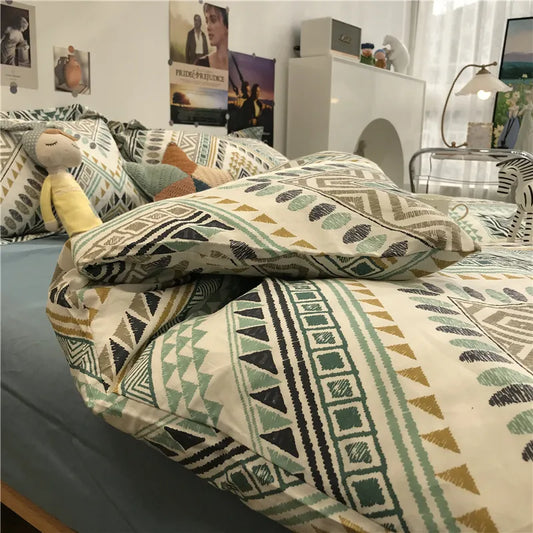 Simple Nordic Bed Four-Piece Set All Cotton Pure Cotton Quilt Cover Bohemian Style 1.5 M1.8 M Apartment Fitted Sheet