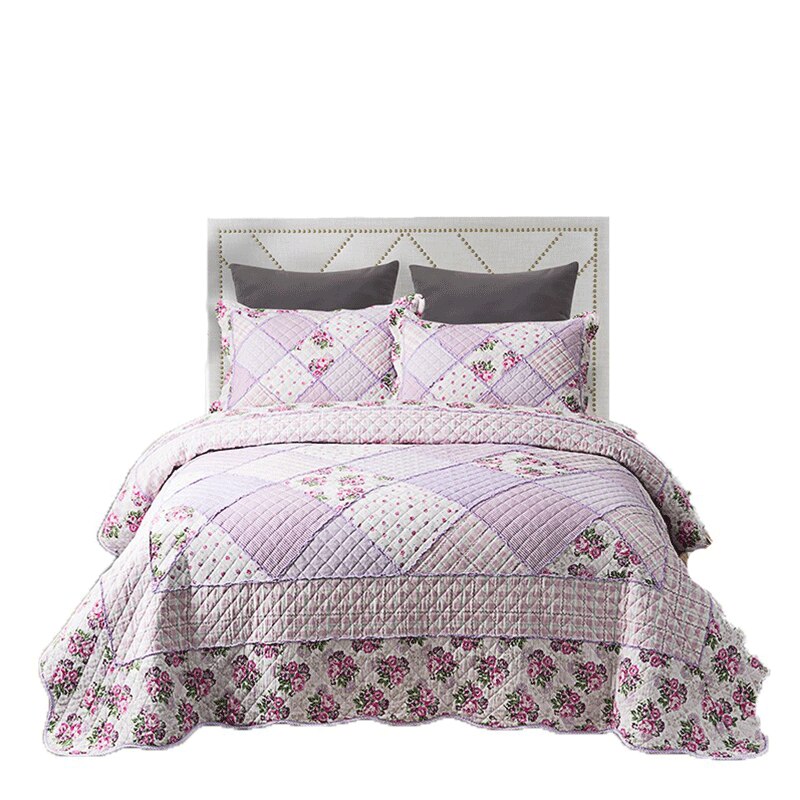 Single Double Bed 100%Cotton Purple 3pcs Printed Quilted Quilt Pillowcase Free Shipping lençol de cama casal أسرّة