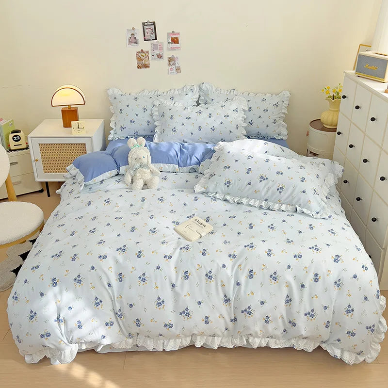 Ins Style Floral Duvet Cover Set Flat Sheet Pillowcases No Filling Queen 200x230cm Romantic Girls Blue Bedding Flower Bed Linens