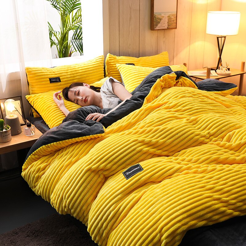 4pcs Winter Warm Flannel Thickening Plus Velvet Bedroom Bedding Set Sheet Quilt Cover Pillowcase Anti-static Home Textile