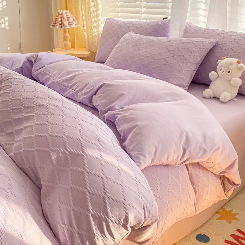 Argyle Jacquard Bedding Set Duvet Cover Pillowcases Flat Sheet Washed Cotton Solid Color Bed Linen Duvet Cover Set