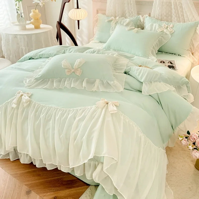 4pcs White Bedding set ruffles Duvet Cover Set (1*Duvet Cover + 2*Pillowcase, 1*sheet/fitted sheet)for bedroom guest room