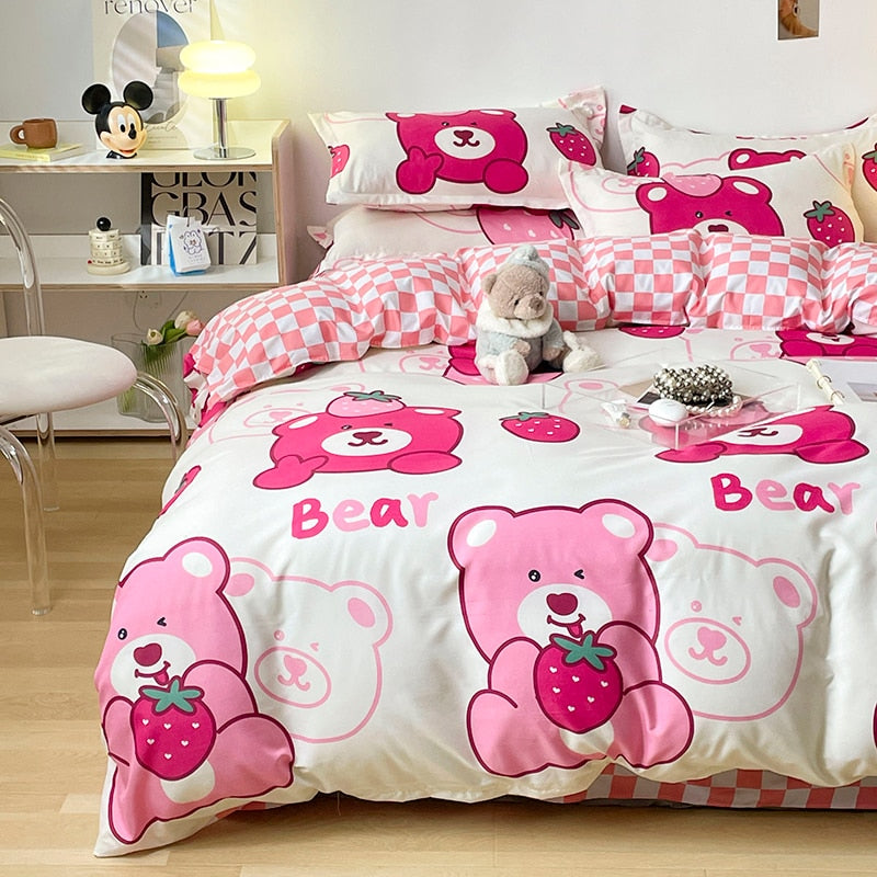 Cotton Home Textile Rose Floral Bedding Set Boy Girl Duvet Cover Flat Sheet Pillowcase Aesthetic Bedcloth Double Queen Bed Linen