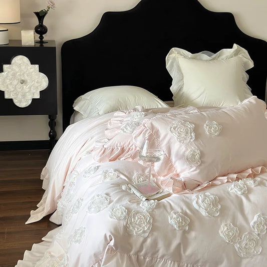 Princess Style 3D Flower Bedding Set 100 Thread Count Autumn and Winter Cotton Duvet Cover Solid White Quilt Covers with Ruffles