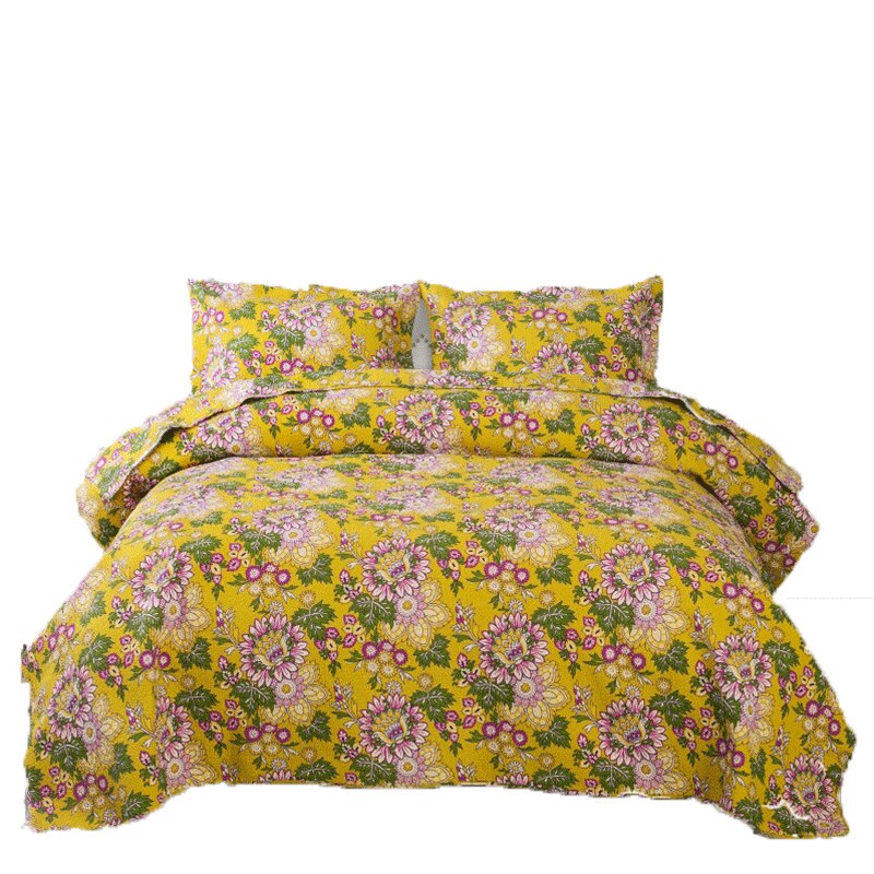 Single Double Bed Cotton Botanical Flower 3pcs Printed Quilted Quilt Pillowcase Free Shipping len?ol de cama casal ?????