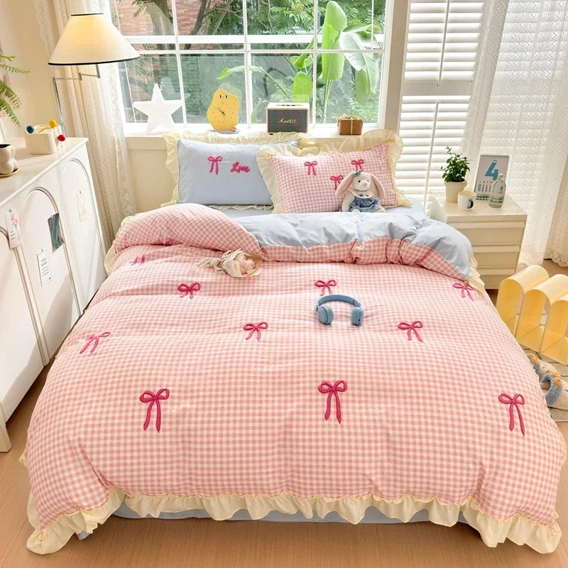 Classic Plaid Duvet Cover, Soft Lace Bedding Set, Bow Design Skin-friendly Quilt Cover, 2 Pillowcases with Different Patterns