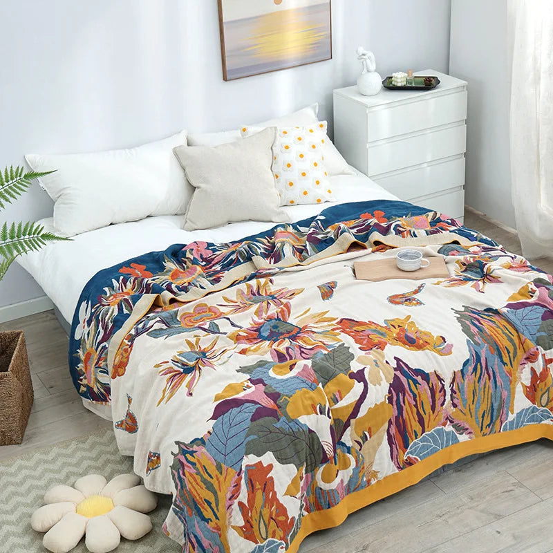 Textile City Ink Flower Fragrance Cotton Multi-layer Gauze Towel Quilt Summer Cool Throw Blanket Bedroom Comfy Bed Sheet 240x250