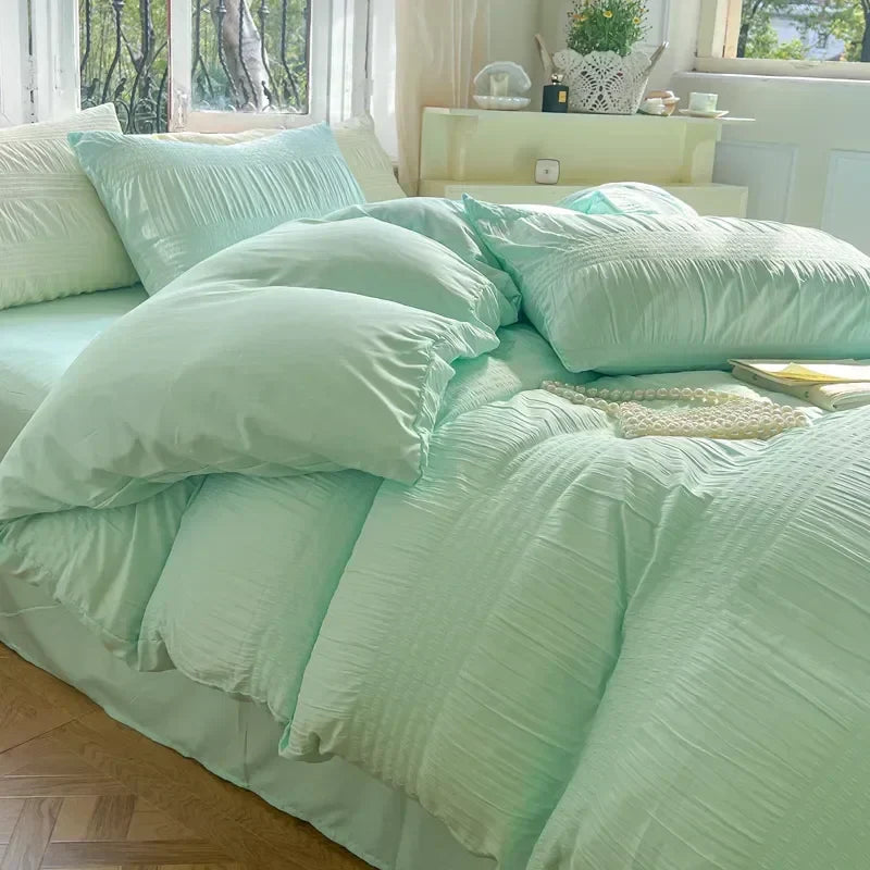 Korean Princess Seersucker Bedding Set Duvet Cover Flat Sheets Pillowcase Bed Sheet Set Soft Comforter Cover Bed Linens Set