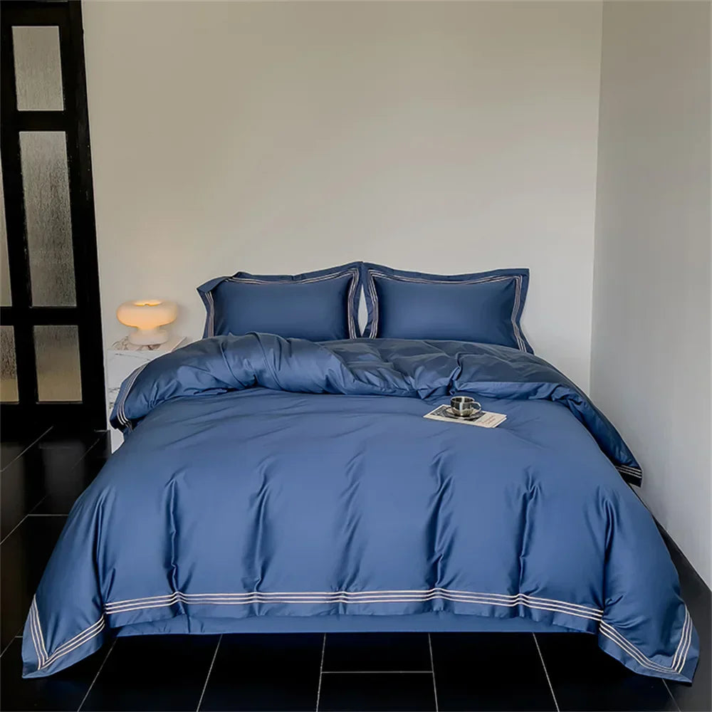 1200TC Embroidered Egyptian Cotton Bedding Set 4pcs King Queen Size Solid Sheet Duvet Cover Pillowcase Bed Linens