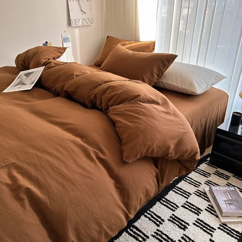 Bed Linen Solid Cotton Bedding Set with Sheet Duvet Cover Pillowcases Single Couple Bedsheet King Queen Double Twin Size