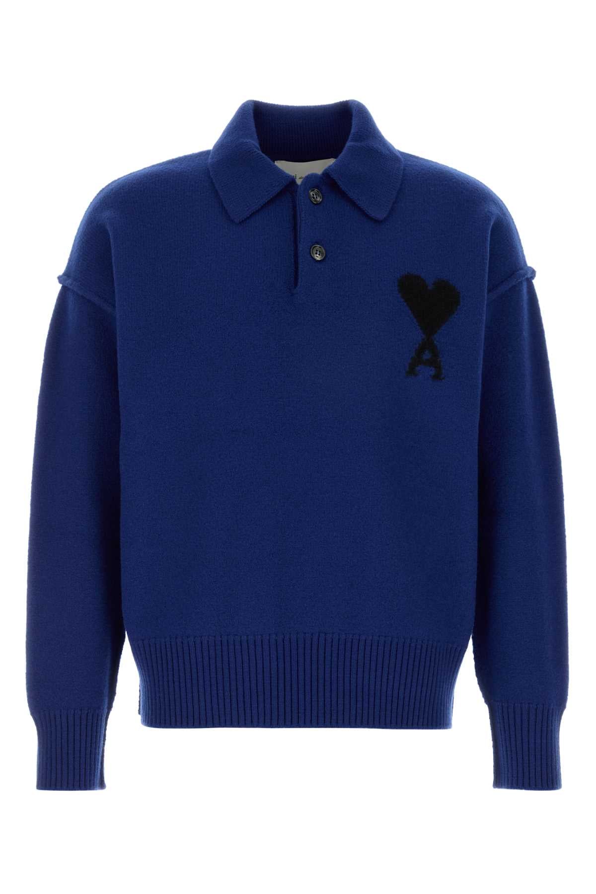 AMI Paris Heart-Embroidered Virgin Wool Polo Sweater — Blue