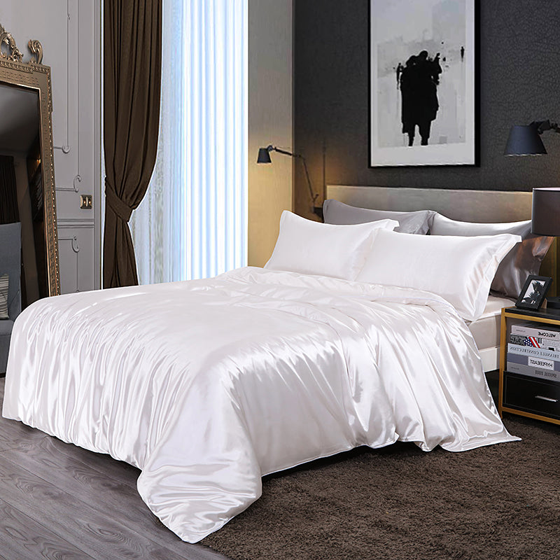 Mulberry Silk Satin Bedding Set High Quality Skin Friendly Real Silk Duvet Cover Set Solid Color King Size White Quilt Cover Set